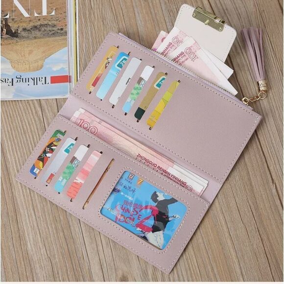 Purple Long PU Leather Wallet For Women Tassel Zipper Card Holder Purse Handbag - Picture 3 of 9